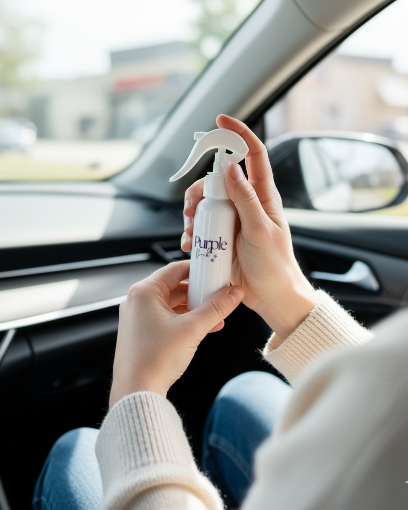 Person holding a 3 oz bottle of room & linen spray inside a car.