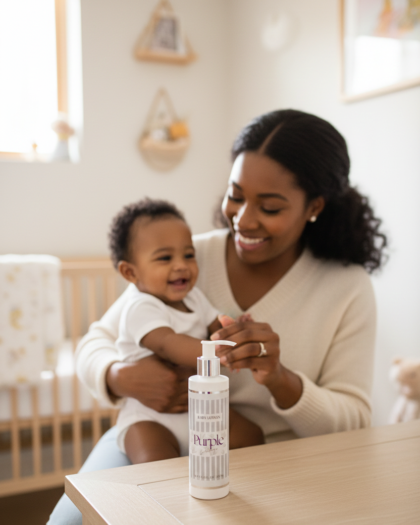 Women using Purple Duck Baby Lotion on child 