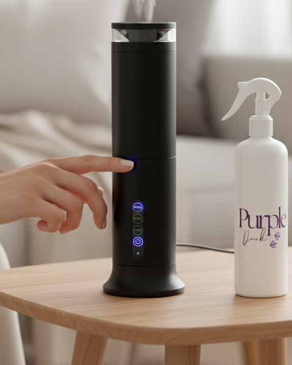 Black scent diffuser emitting mist on a wooden table with a room spray labeled 'Purple duck  in a living room setting.