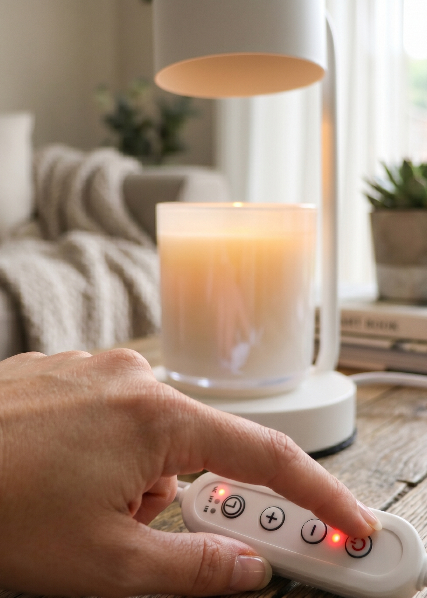 Hand using a remote control to adjust a lamp with a candle on a wooden table in a cozy living room.