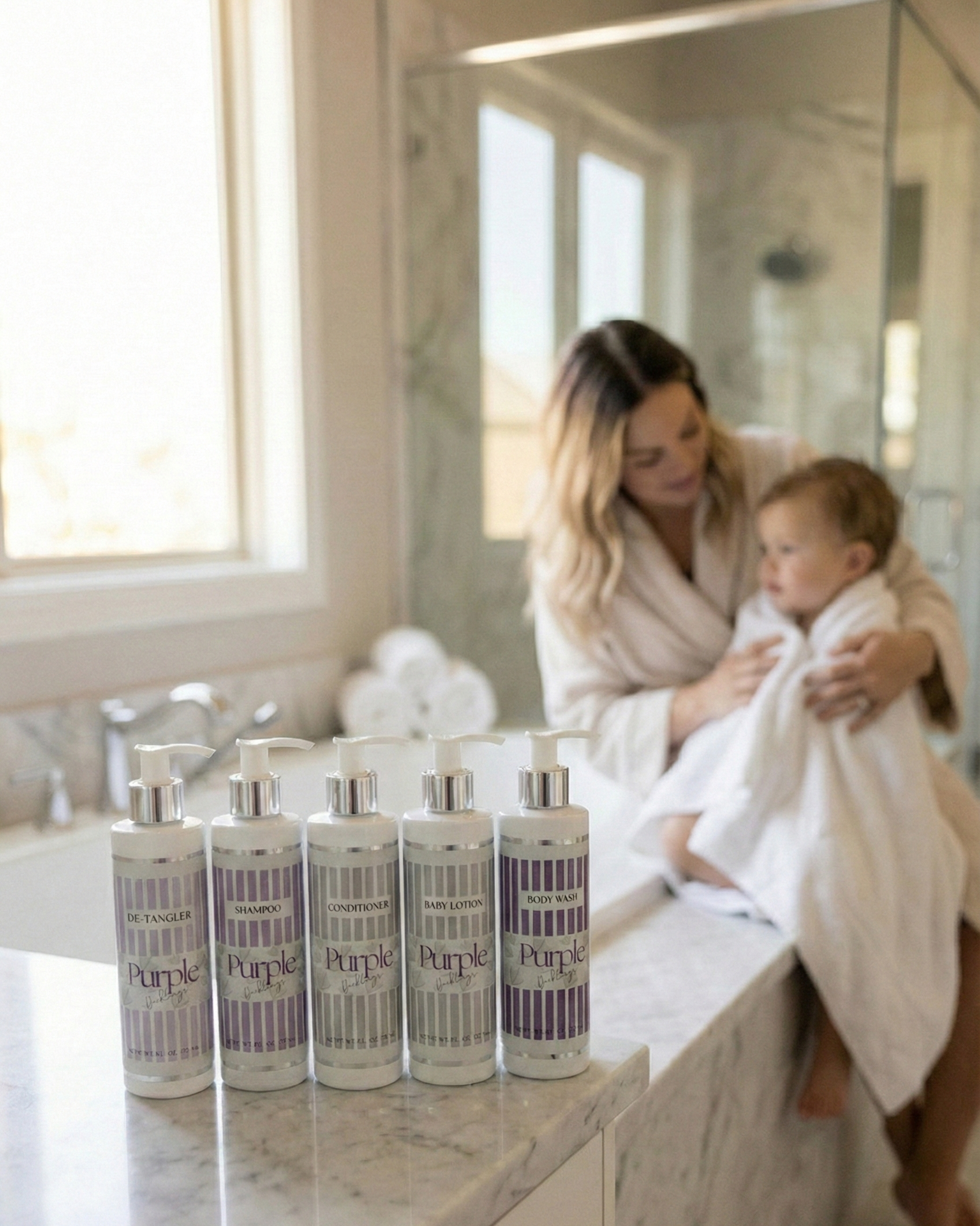 Mom giving child bath with Purple Duck Body Wash