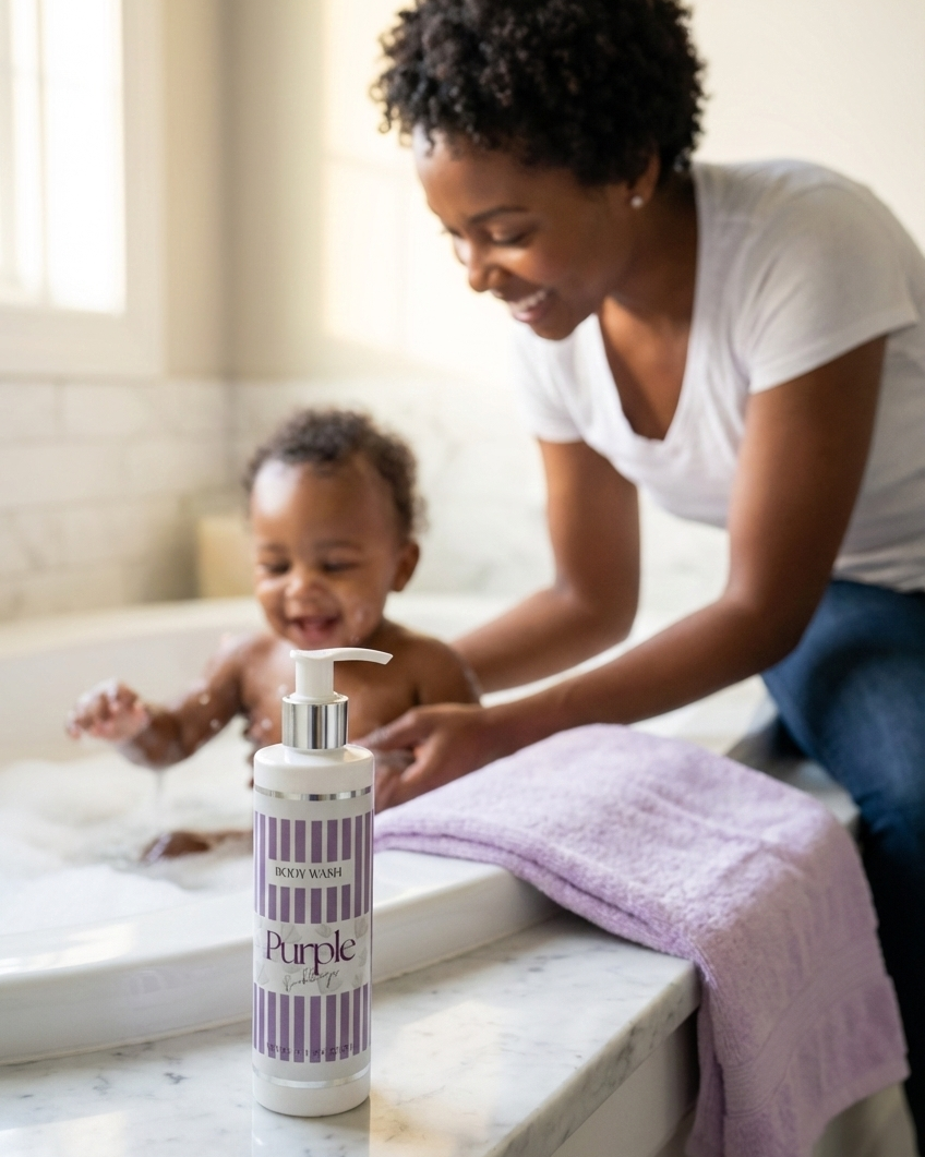 Women giving baby a bath with Purple Ducks Gentle Body Wash 