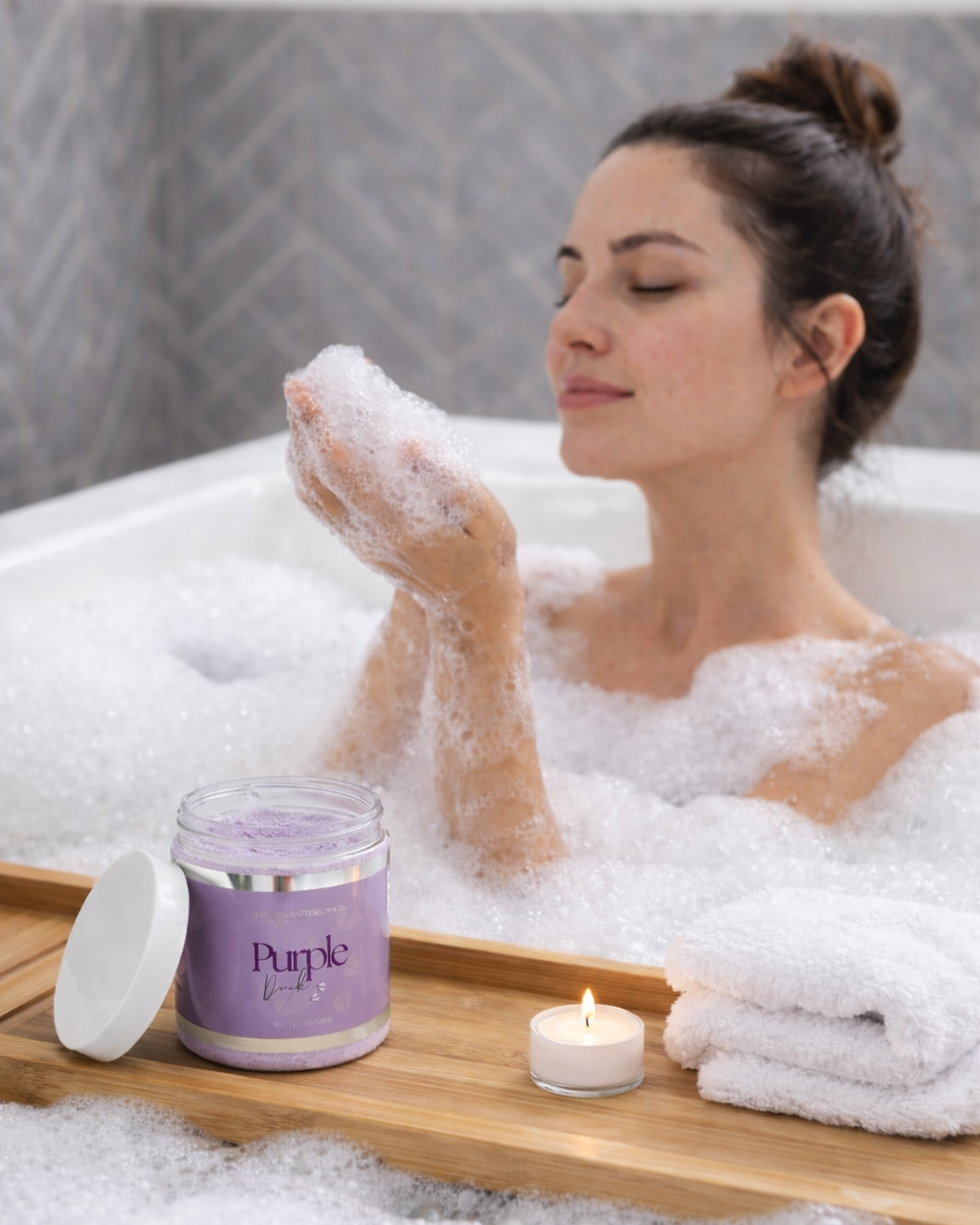 Woman using Purple Duck Bath Salts in a bubble bath