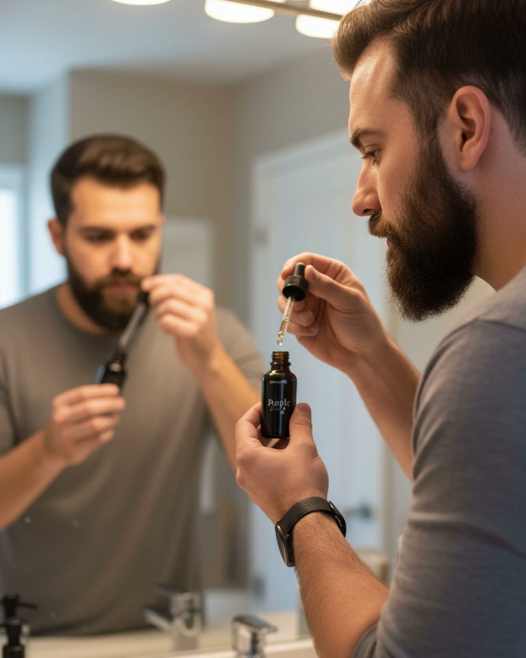 Man applying Purple Duck beard oil in front of a mirror in a bathroom.