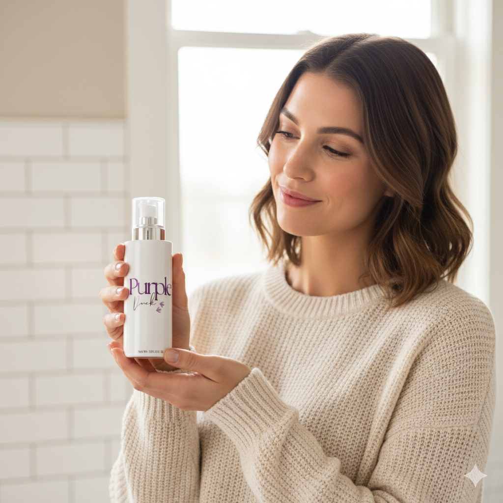 Woman holding a Purple Duck Clean and natural body lotion in a bathroom setting