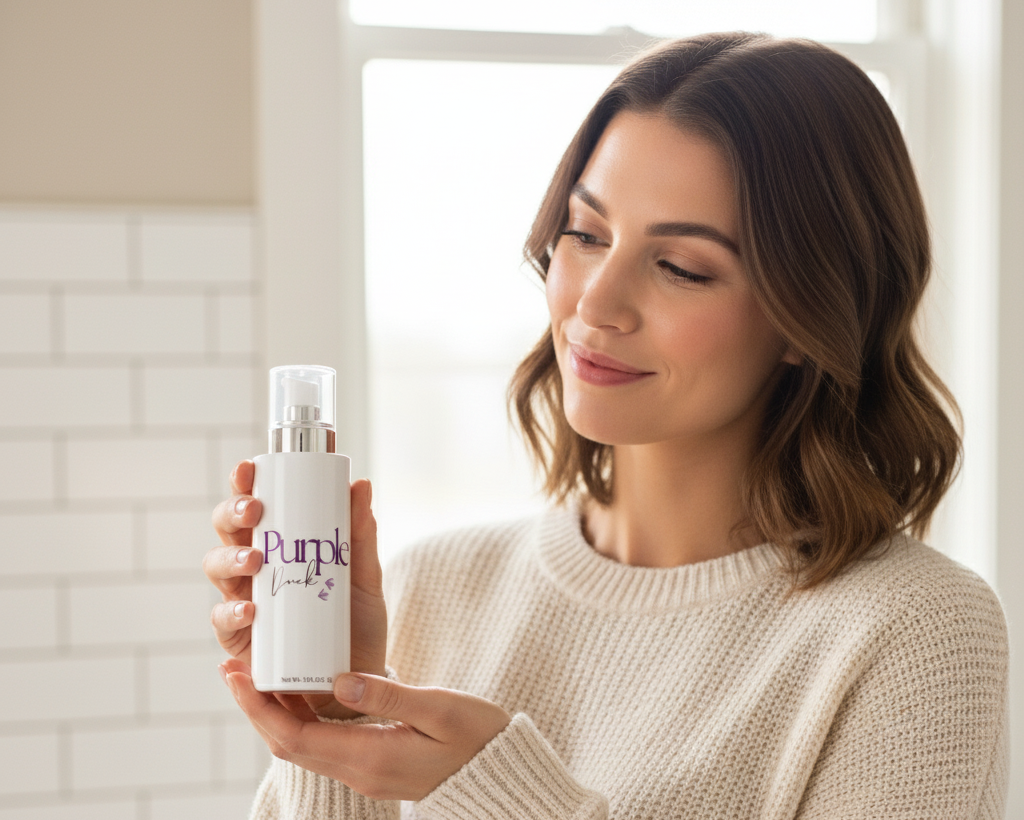 Woman holding a Purple Duck Clean and natural body lotion in a bathroom setting