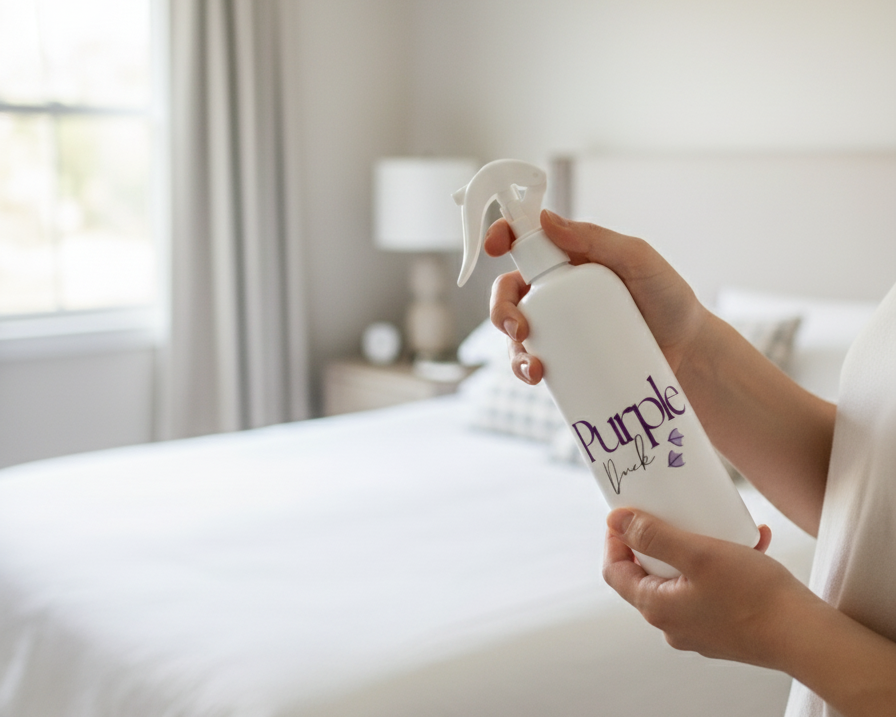 Person holding a 16 oz bottle of room & linen spray in a bedroom setting