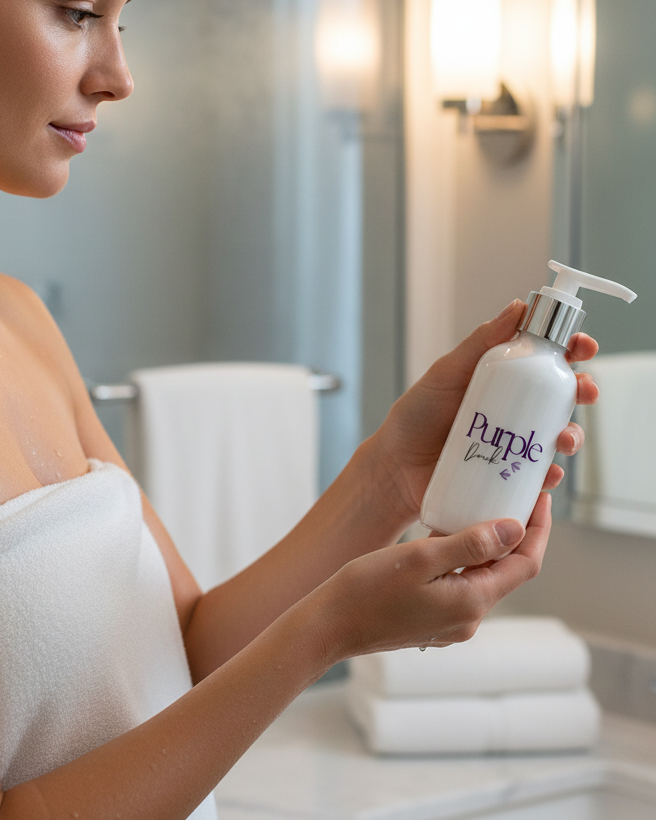 Woman holding a bottle of 'Purple Duck Body Oil in a bathroom setting