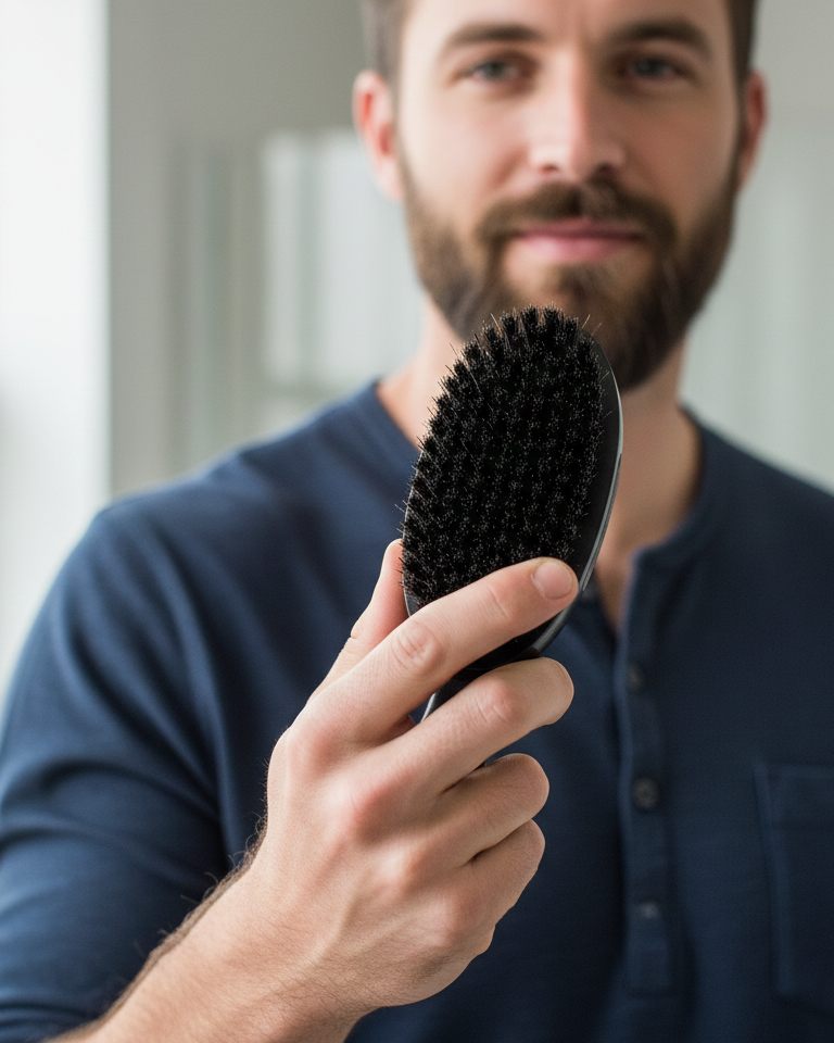 Man holding a black beard in front of a blurred background