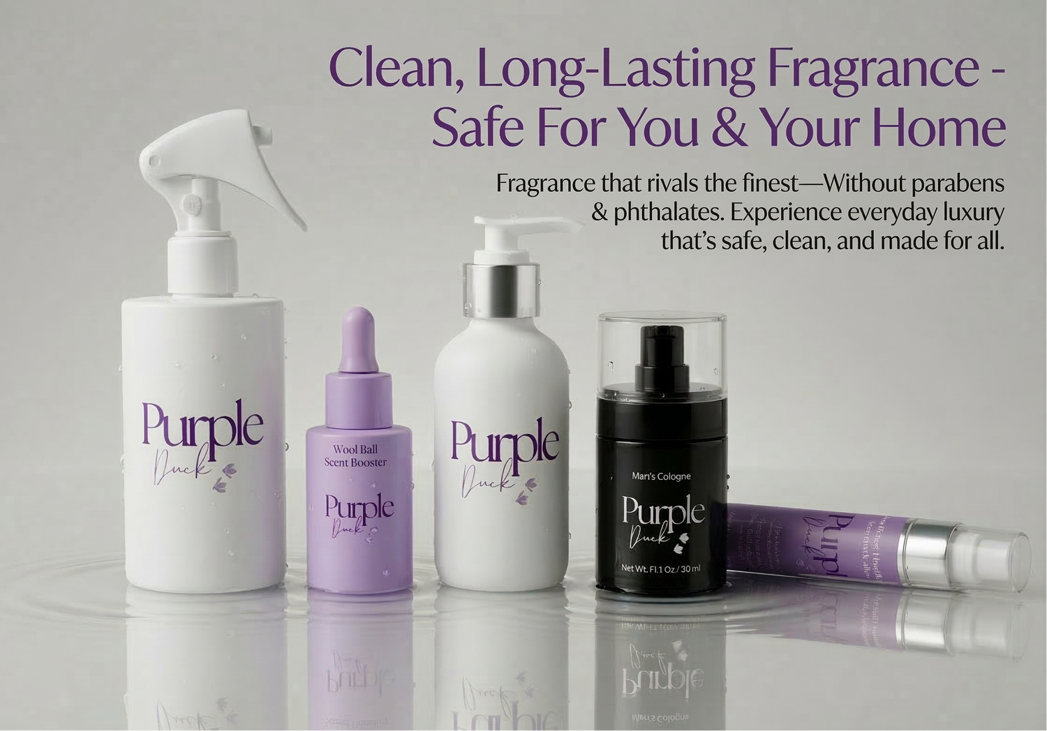 Purple branded fragrance products on a reflective surface with a gray background