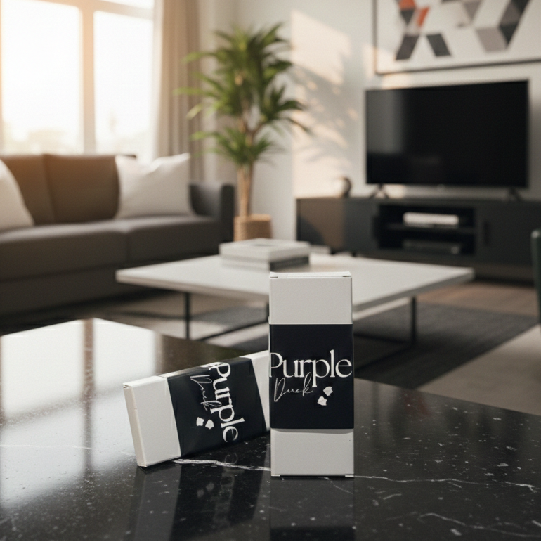 sample cologne from purple duck sitting on the counter in a mans apartment 