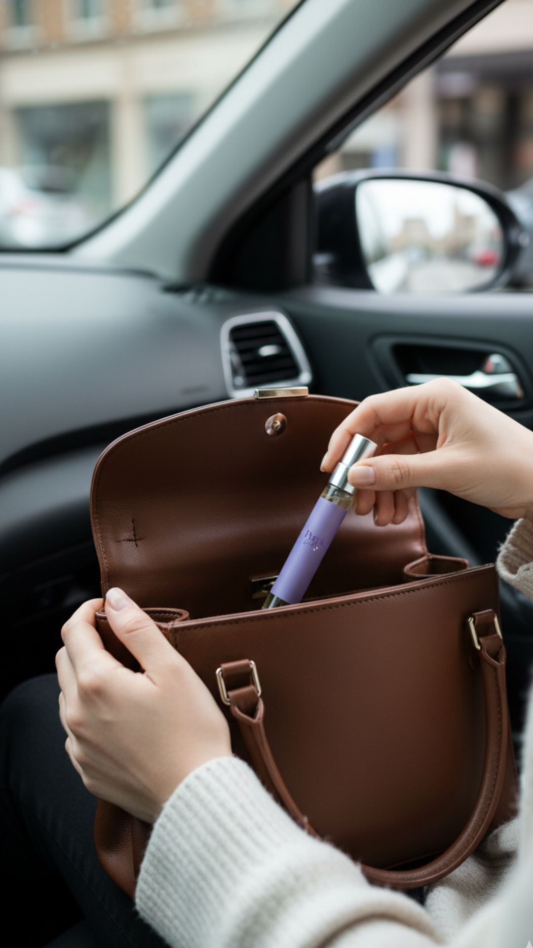 Person holding a brown leather handbag with a travel size perfume inside, sitting in a car.